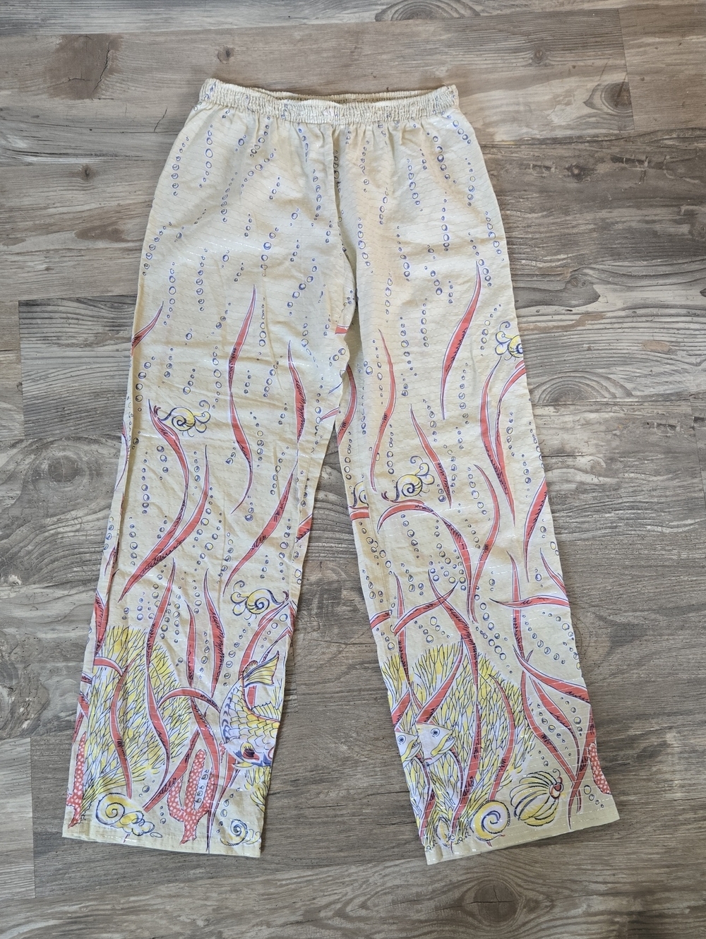Women’s Wide Leg Printed Beach-Style Pants in Cream and Coral
